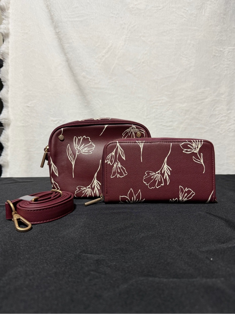 Women’s Floral Burgundy Crossbody Wallet Set